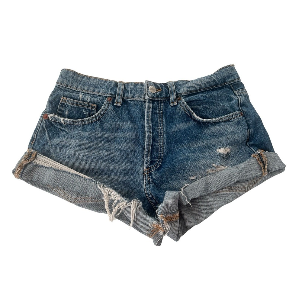 ZARA Distressed Denim Cutoff Shorts Rolled Cuff Y2K 90s Festival Beach Sz 6 W28